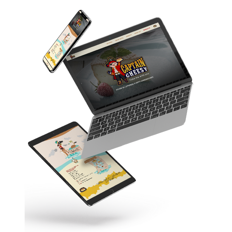 Captain Cheesy pancake brand website shown across laptop, tablet and phone