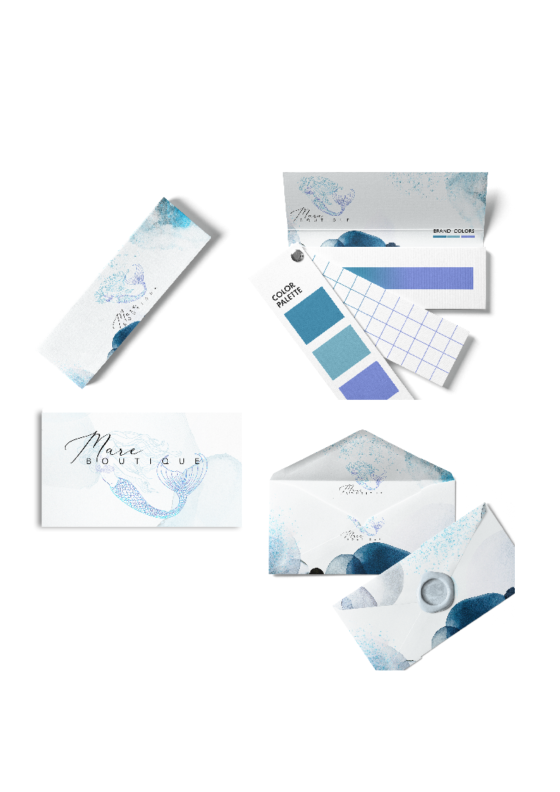 Blue wedding invitation suite with envelope and swatches