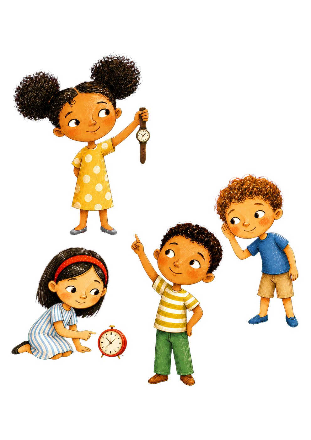 Children's character illustration for April watch page