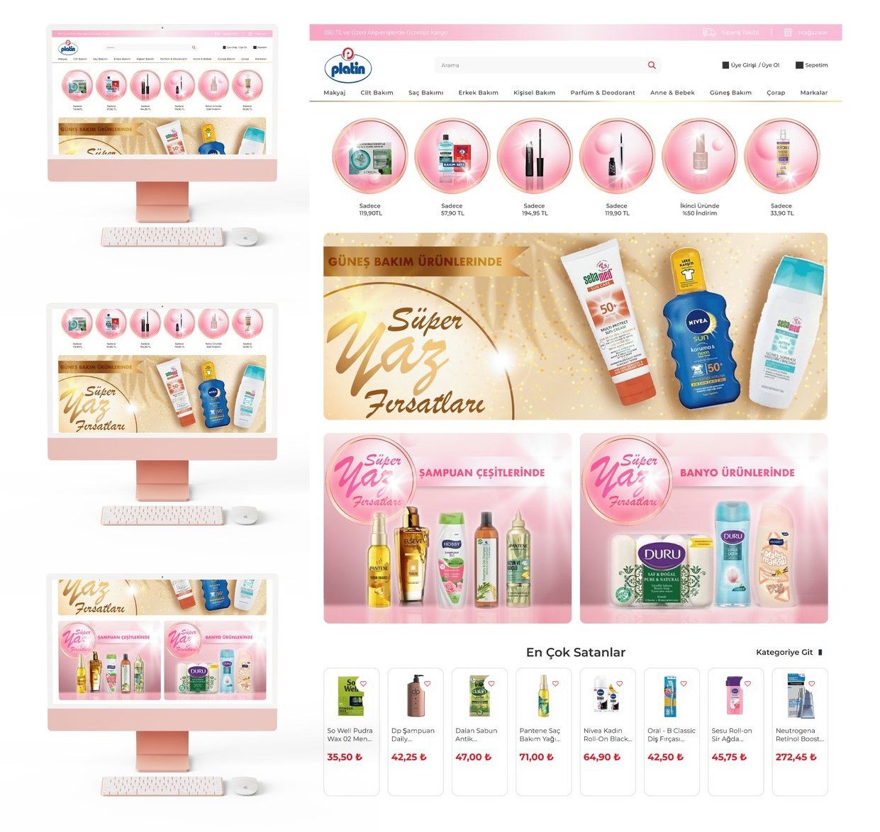 Web shop interface shown on iMac mockup